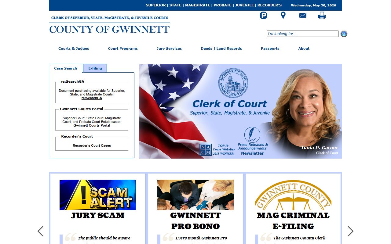 Gwinnett Courts homepage with Superior, State, Magistrate, Probate, Juvenile, and Recorder's Court records links