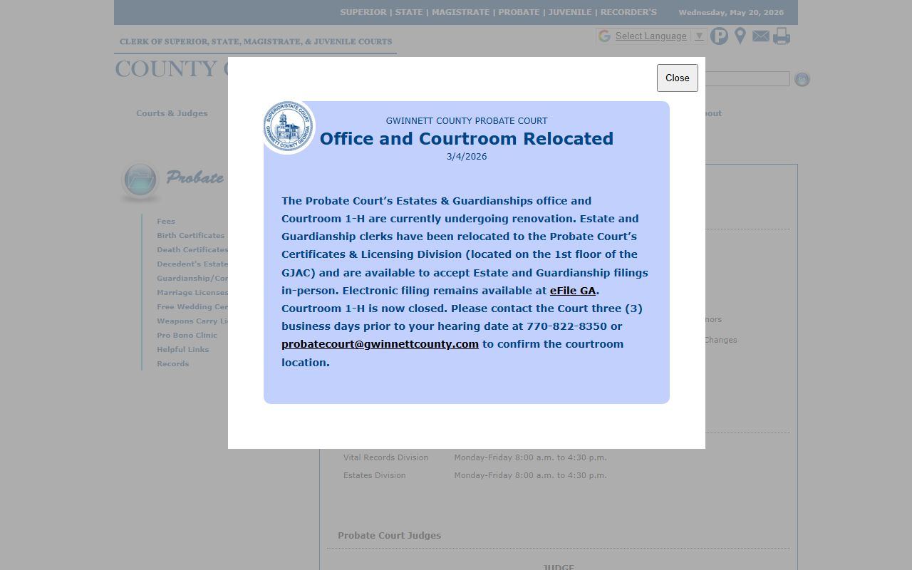 Gwinnett County Probate Court estates and guardianship page